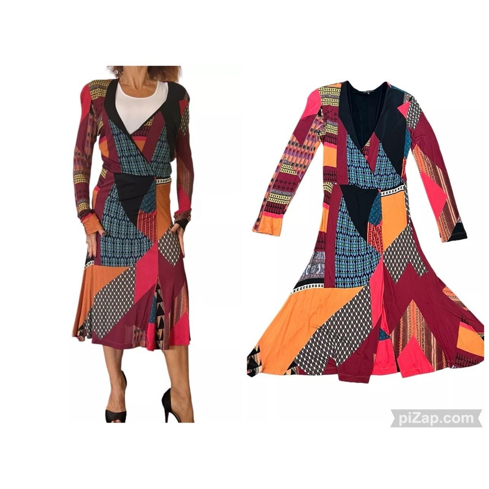 ETRO MILANO MULTI COLOR PRINTED SURPLICE WRAP LONG SLEEVE JERSEY DRESS 46 MEDIUM